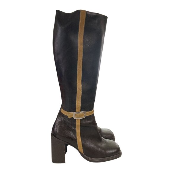Shellys Women's Size 5 Black Brown Leather Knee-High Buckle Boots shoe Portugal - Picture 4 of 8